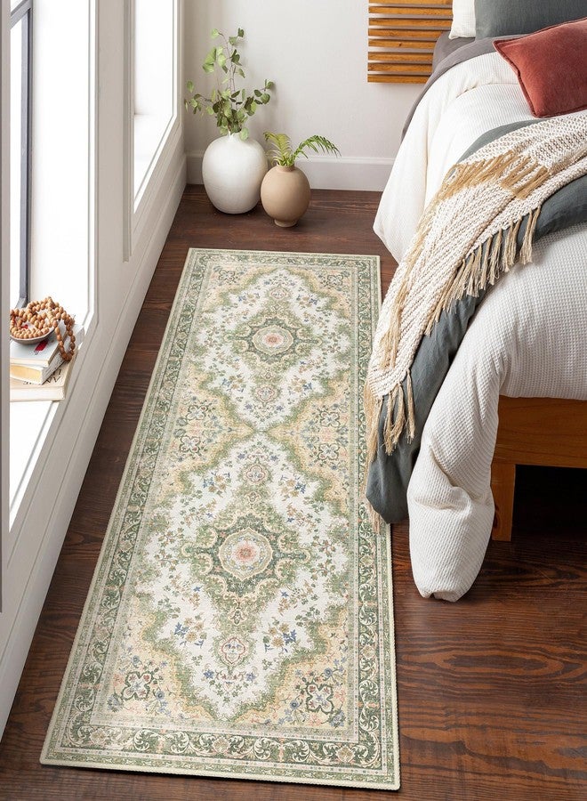 Castage Washable Runner Rug 2'x6',Green Rug Runners Non Slip,Long Boho Rugs for Hallways Kitchen Bathroom Bedroom Entryway,Vintage Bohemian Distressed Floor Carpet,Sage Floral - Image 5